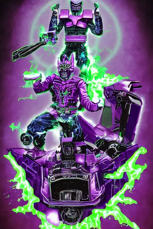 Image similar to portrait of cowboy johnny cash as purple green optimus prime power ranger from transformers surfing tonic stimulant fluids on air guitar zord UFO hoverboard, intricate, highly detailed, smooth, artstation, digital illustration by Lisa Frank and Ruan Jia and Mandy Jurgens and Artgerm and Wayne Barlowe and Greg Rutkowski and Zdislav Beksinski