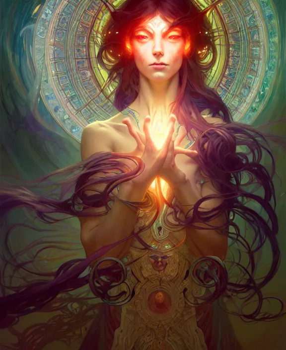 Image similar to a whirlwind of souls ushing inside the metaverse, half body, glowin eyes, d d, fantasy, intricate, elegant, highly detailed, colorful, vivid color, digital painting, artstation, concept art, art by artgerm and greg rutkowski and alphonse mucha and ruan jia