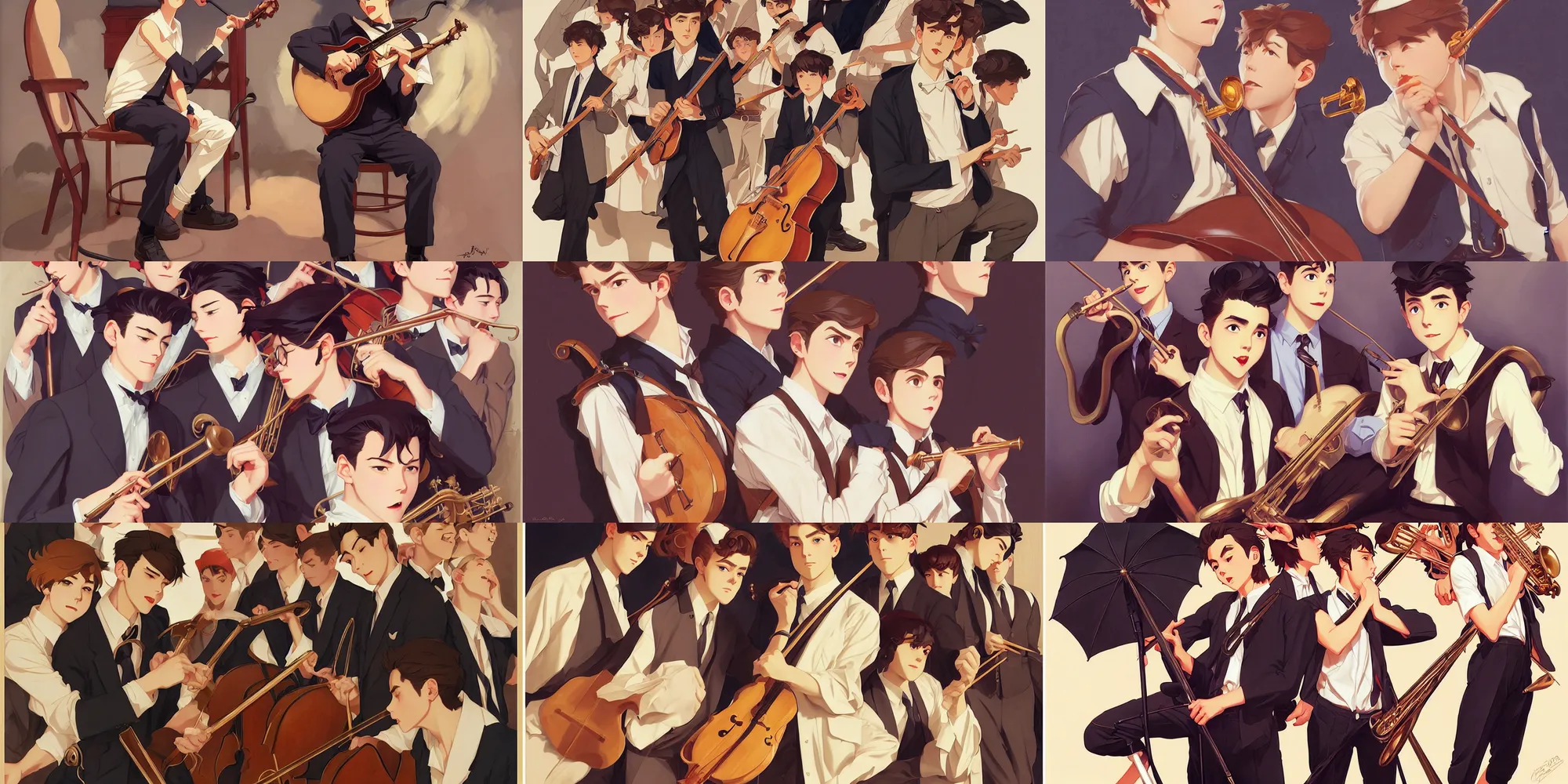 Prompt: attractive boy playing band, in the style of studio ghibli, j. c. leyendecker, greg rutkowski, artgerm