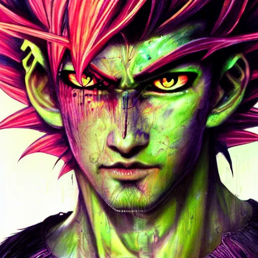 Image similar to a Demon Slayer portrait of Son Goku , tall, pale-skinned, and slender with lime green eyes and long eyelashes by Stanley Artgerm,Tom Bagshaw,arthur adams, Carne Griffiths, trending on Deviant Art,street art,face enhance,chillwave,maximalist,full of color, glittering