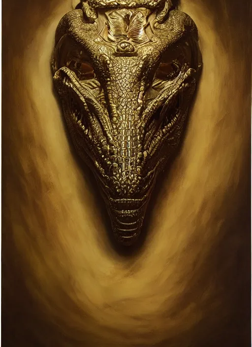 Image similar to highly detailed oil painting | very intricate | cinematic lighting | award - winning | the cocodrile mask by alexander mcqueen | by roberto ferri, by leng jun, by j. c. leyendecker and klimt, american romanticism, by austin osman spare, artstation, cgsociety, official art, octane