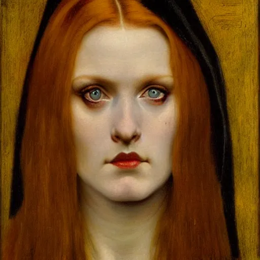 Prompt: John Collier painting of a striking witch with intense eyes and ginger hair, Pre-Raphaelite