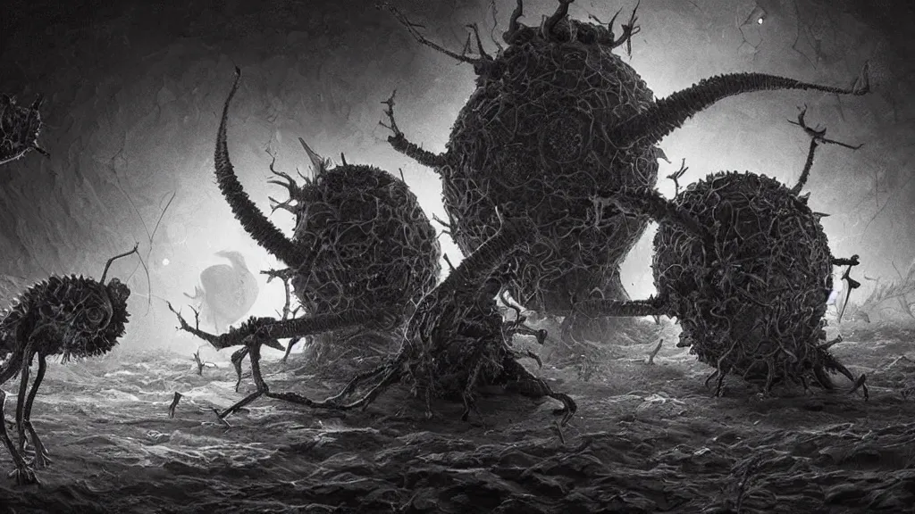 Prompt: a beautiful microscopic scientific photo of a virus and another strange life form seen through the electron microscope, dark, sinister, detailed art by Charles D'Orbigny and Greg Rutkowski