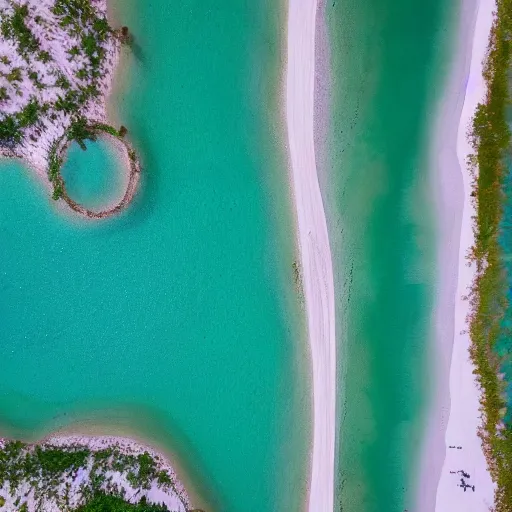 Prompt: Top down of an orange beach with a purple ocean