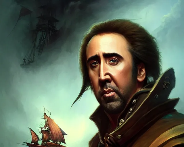 Image similar to nicolas cage as a pirate, deep focus, d & d, fantasy, intricate, elegant, highly detailed, digital painting, artstation, concept art, matte, sharp focus, illustration, hearthstone, art by artgerm and greg rutkowski and alphonse mucha