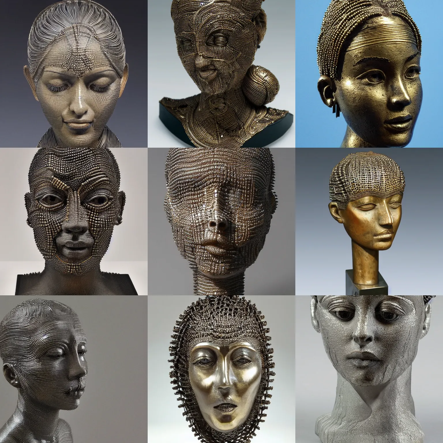 Prompt: an intricate and extremely detailed sculpture of a female head made of small metal tubes