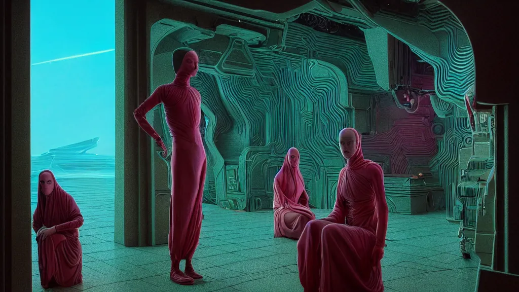 Prompt: vibrant aesthetic highly detailed photography of characters in sitcom scene, characters with hyperrealistic highly detailed faces. from dune ( 2 0 2 1 ) by alejandro hodorovski and denis villeneuve and gregory crewdson style with many details by mike winkelmann and vincent di fate in sci - fi style. volumetric natural light hyperrealism photo on dsmc 3 system