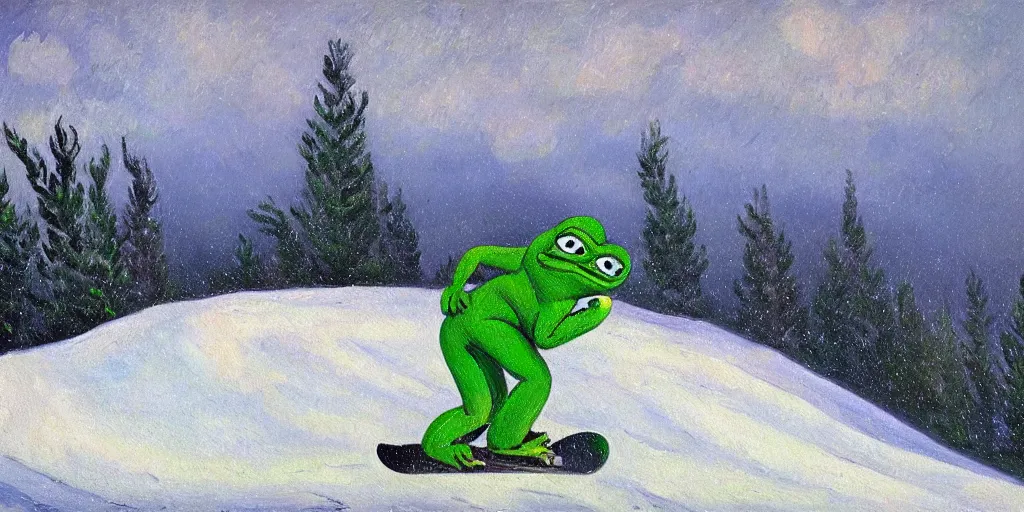 Image similar to pepe the frog snowboarding, gloomy landscape, expressive oil painting by christopher radlund and camille pissaro