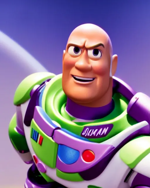 Image similar to Film still close-up shot of Dwayne Johnson as Buzz Lightyear in the movie Toy Story 3. Photographic, photography