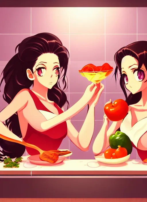 Image similar to two beautiful housewives in the kitchen on a hot summer evening, gorgeous faces, thick lines, cinematic lighting, detailed anime art