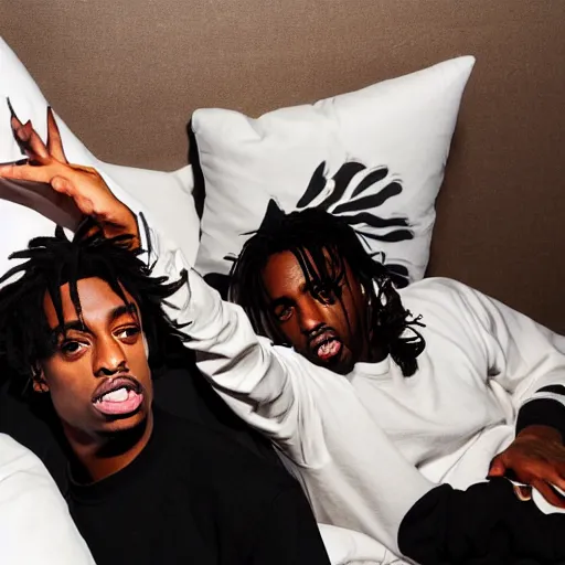 Image similar to playboi carti having a pillow fight with kanye west