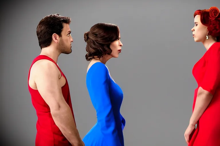 Image similar to full body film still of a man longingly looking at a far away woman in a red dress as a woman in a blue dress looks disgusted at the man in the new romance comedy movie, dramatic angle, dramatic lighting