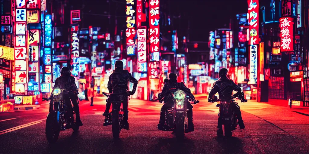 Image similar to Epic Battle Between a Squid Karate God and a Menacing prawn biker in a leather jacket, tokyo skyline, sunset, neon vibe, cyberpunk lighting, cinematic lighting, anamorphic lens, dramatic shadows,