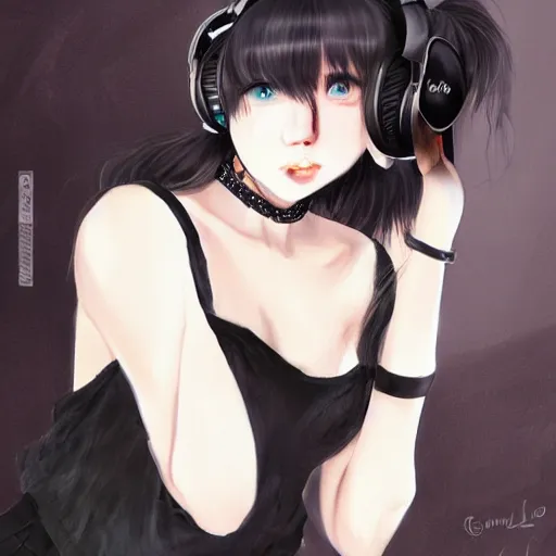 Prompt: realistic beautiful gorgeous curvy natural cute Blackpink Lalisa Manoban black hair cute fur black cat ears, wearing white camisole, headphones, black leather choker artwork drawn full HD 4K highest quality in artstyle by professional artists WLOP, Taejune Kim, Guweiz on Pixiv Artstation