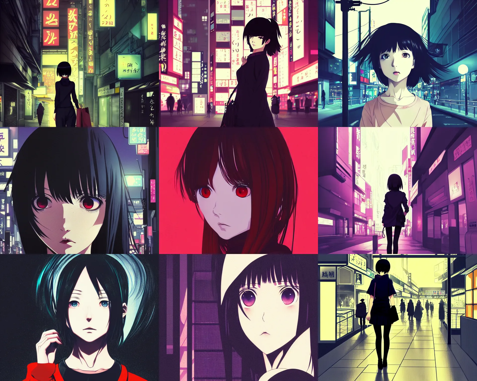 Prompt: anime visual, dark portrait of a young female traveler in shibuya at night shopping, very low light, beautiful face by ilya kuvshinov, yoh yoshinari, dynamic pose, dynamic perspective, cel shaded, flat shading mucha, rounded eyes, moody, detailed facial features, ghost in the shell