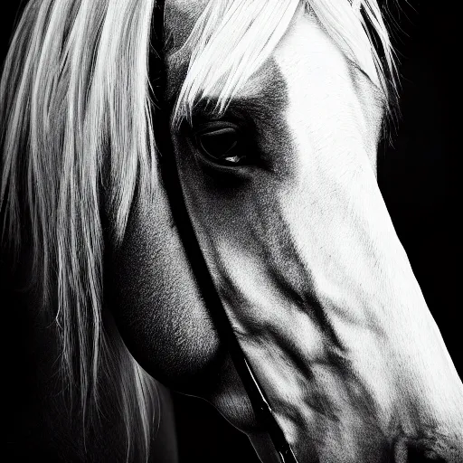 Image similar to beautiful professional black and white portrait photograph of lady gaga as a horse, hyperrealistic, studio lighting, stunning, 4 k