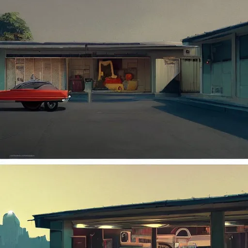 Prompt: a cinematic matte painting of a boxy 1 9 6 0 s retro - futurism sci - fi car with solar panels on roof and doors in a cluttered garage in mumbai. by edward hopper, glennray tutor and greg rutkowski. trending on artstation.