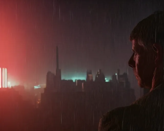 Image similar to 2 0 1 8 blade runner movie still man looking at the cityscape from roof, neon, back of body and head