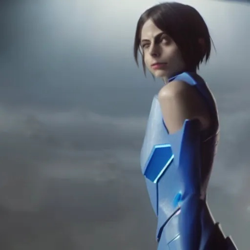 Prompt: film still of !!Willa Holland!! as !!!!!pale blue-skinned!!!!! Cortana, as in Halo 4, in a new Halo movie, 4k