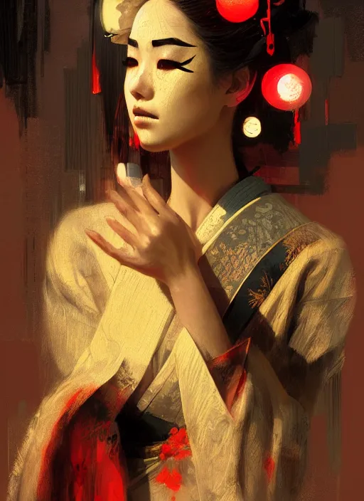 Image similar to female geisha girl, beautiful face, neon, rule of thirds, intricate outfit, spotlight, by greg rutkowski, by jeremy mann, digital painting