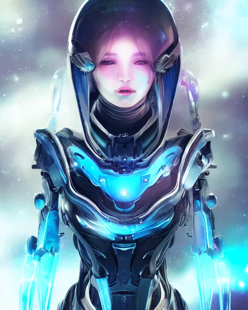 Image similar to perfect android girl on a mothership, warframe armor, beautiful face, scifi, futuristic, galaxy, nebula, bae suzy, dreamy, long white hair, blue cyborg eyes, sharp focus, cinematic lighting, highly detailed, artstation, divine, by gauthier leblanc, kazuya takahashi, huifeng huang