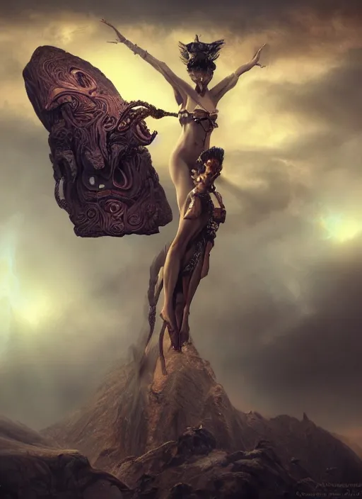 Image similar to epic portrait of menacing and agitated yet stunningly beautiful biomechanical djinn overseeing the iridescent fabric of the universe, by charlie bowater, mandy jurgens, gustav klimt, octane render, dramatic camera angle, 4k, 8k, high detail, HDR, by tom bagshaw, powerful, with inspiration from Beksinski, inspired by greek goddess Athena