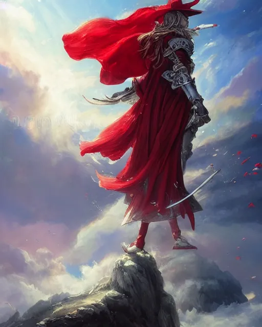 Image similar to A Full View of a Red Mage wearing magical shining armor and a feathered hat surrounded by an epic cloudscape. Magus. Red Wizard. Magimaster. Conquistador armor. Red and white stripes. Fantasy Illustration. masterpiece. 4k digital illustration. by Ruan Jia and Mandy Jurgens and Artgerm and greg rutkowski and Alexander Tsaruk and WLOP and Range Murata, award winning, Artstation, art nouveau aesthetic, Alphonse Mucha background, intricate details, realistic, panoramic view, Hyperdetailed, 8k resolution, intricate art nouveau