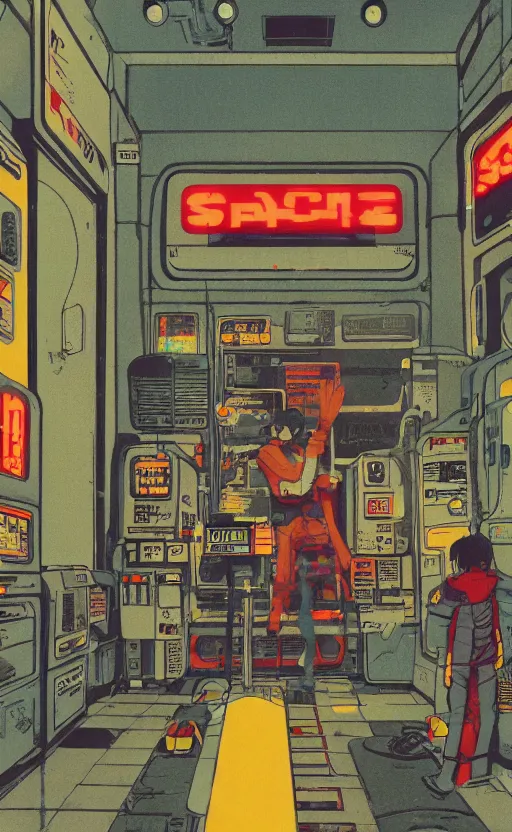 Image similar to spaceship in a gas station in space, sharp focus, satoshi kon, sci - fi, print, risograph, cinematic, game art