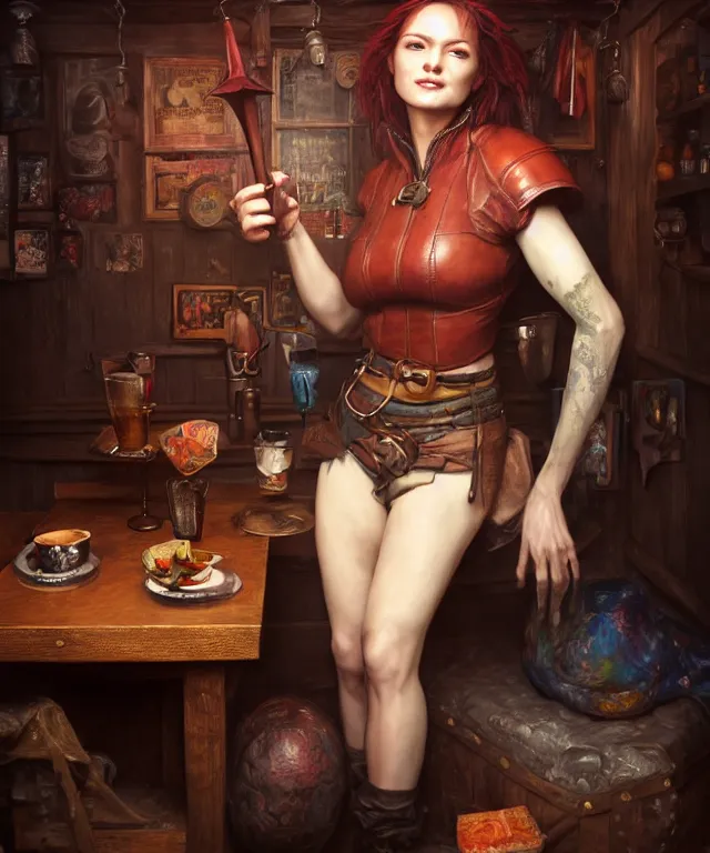 Image similar to hyperrealistic mixed media painting of a beautiful grinning charasmatic female rogue, dimly lit cozy tavern, crimson leather tunic, confident relaxed pose, d&d, stunning 3d render inspired art by Tim Okamura and Lise Deharme + perfect facial symmetry + dim volumetric lighting, 8k octane beautifully detailed render, post-processing, extremely hyperdetailed, intricate, epic composition, grim yet sparkling atmosphere, cinematic lighting + masterpiece, trending on artstation, very very detailed, masterpiece, stunning