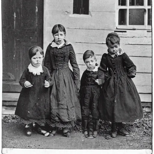 Prompt: vintage photograph of poor victorian orphans on cellphones