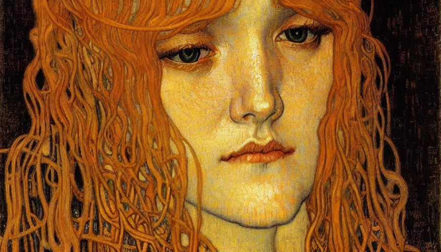 Image similar to detailed realistic beautiful young medieval queen face portrait by jean delville, gustav klimt and vincent van gogh, art nouveau, symbolist, visionary, gothic, pre - raphaelite, muted earthy colors, desaturated