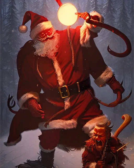 Image similar to santa battles krampus, fine details, realistic shaded lighting poster by greg rutkowski, magali villeneuve, artgerm, jeremy lipkin and michael garmash and rob rey