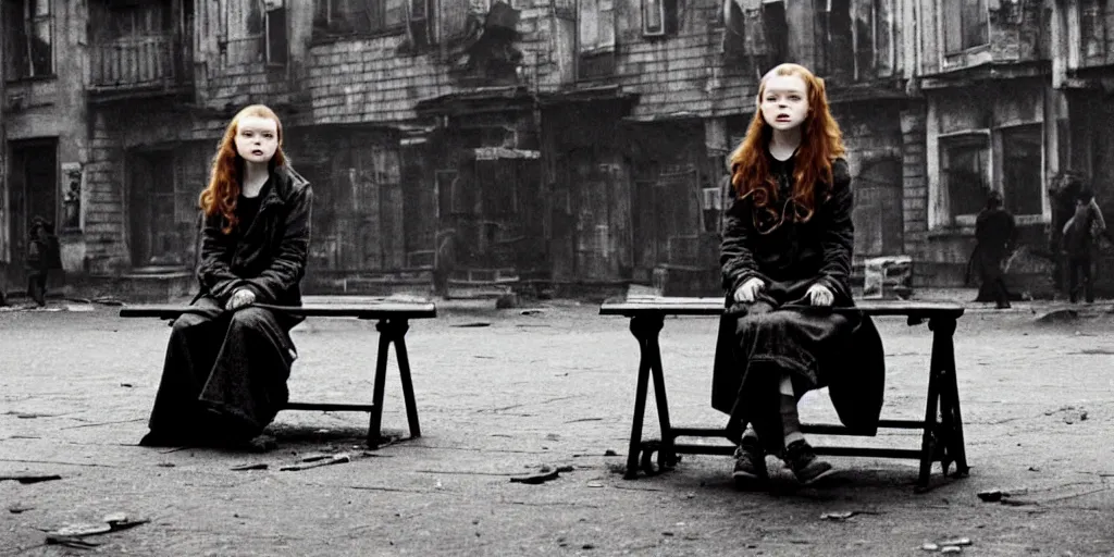Image similar to mid shot of sadie sink in hoodie sits on bench in ruined square, pedestrians walk by | steampunk tenement windows in background : 3 5 mm film, anamorphic, from schindler's list by steven spielberg. cyberpunk, cinematic atmosphere, detailed and intricate, perfect anatomy