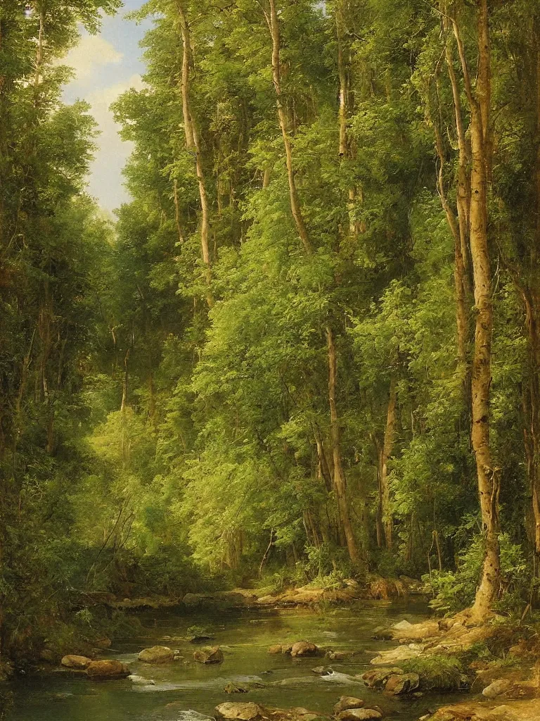 Prompt: stream in a summer cone forest, by shishkin