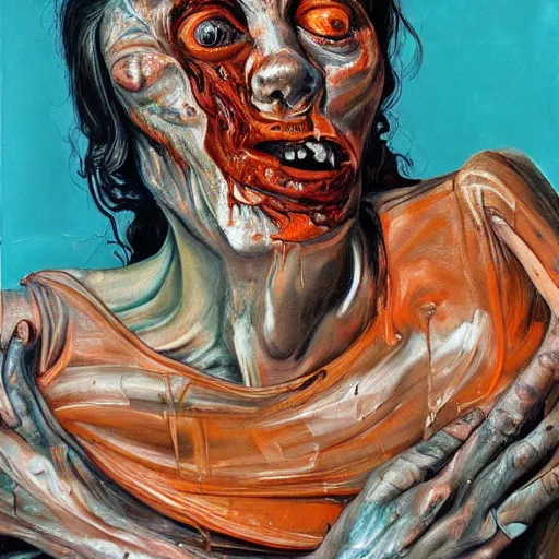 Image similar to high quality high detail painting of a dark figure in agony by lucian freud and jenny saville and francis bacon, hd, dark demonic dancer, turquoise and orange