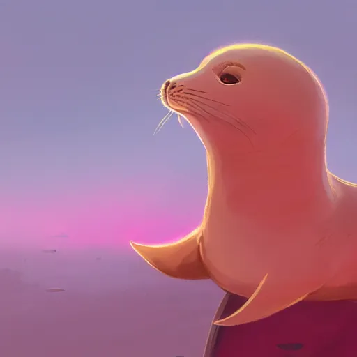 Image similar to a concept art of a sappy seal, happy, dressed in a pink dress, golden hour, beautiful, artstation trending, matte painting, 8 k