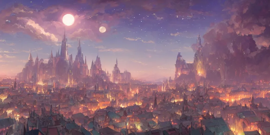 Image similar to Fantastic medieval city with sky in which stars and comets are visible, digital painting, concept art, artstation, 4k, by Makoto Shinkai, Maya Takamura, and James Jean