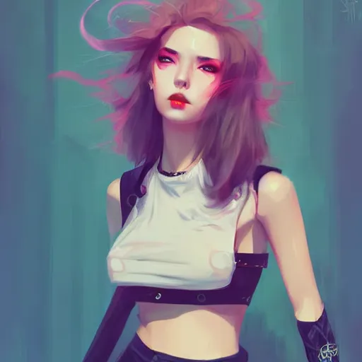 Prompt: portrait of a beautiful punkrock woman in crop top, by guweiz