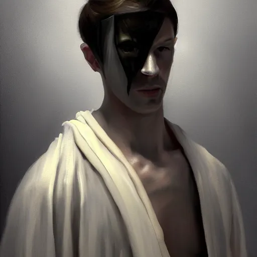 Prompt: fantasy painting of a pale man dressed in robes with a black blade, painted by Bayard Wu, ultra detailed, 8k