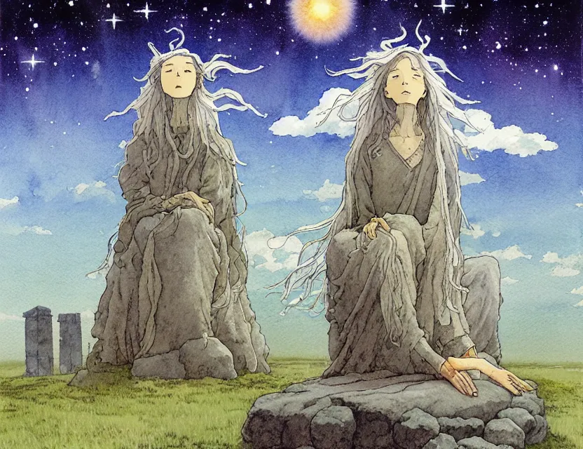 Image similar to a hyperrealist studio ghibli watercolor fantasy concept art of a giant long haired grey witch in lotus position sitting on top of stonehenge with a starry sky in the background. a ufo is in the sky. by rebecca guay, michael kaluta, charles vess