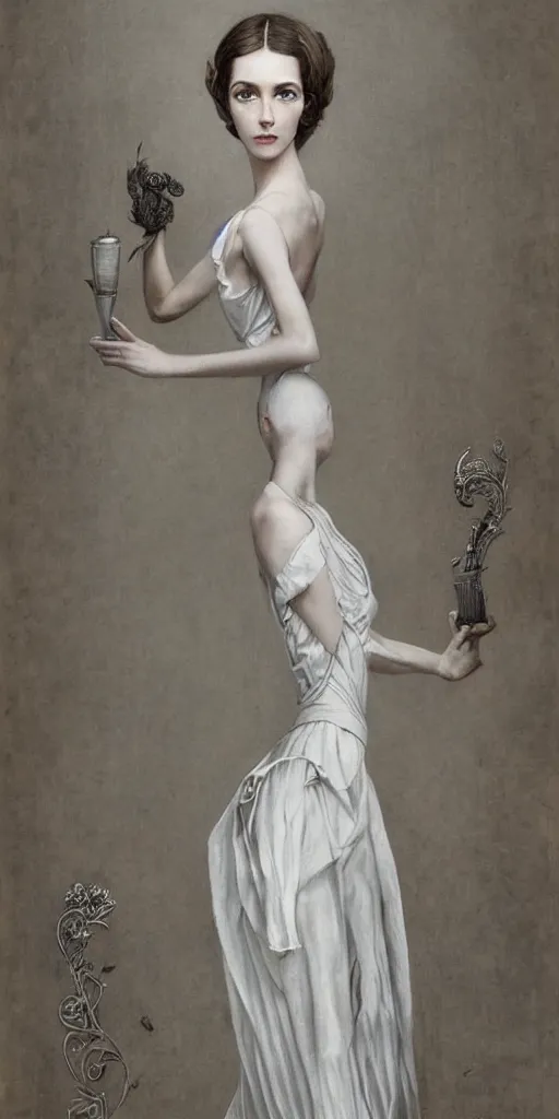 Image similar to a beautiful hyperrealistic longshot portrait of a tall thin stunning Victorian model in a high-collared grey and white dress on the beach in the movie The Piano, intricate, elegant, highly detailed, smooth, sharp focus, award-winning, masterpiece, in the style of Tom Bagshaw, Cedric Peyravernay, Peter Mohrbacher