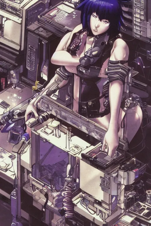 Image similar to hyperdetailed cyberpunk anime illustration of motoko kusanagi in lab getting repaired, by masamune shirow and katsuhiro otomo