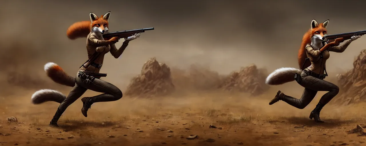 Image similar to an illustration of an anthropomorphic fox - woman running and gunning with a winchester rifle, wild west theme, focal depth,, many details, action, greg rutkowski style, high quality, 8 k,