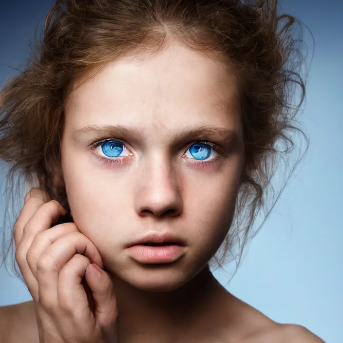 Prompt: dramatic photographic Close-up face of a extremely beautiful girl with light blue eyes and light brown hair , high light on the left, non-illuminated backdrop, illuminated by a dramatic light, Low key lighting, light dark, High constrast, dramatic , Steve Mccurry, Lee Jeffries , Norman Rockwell, Craig Mulins ,dark background, high quality, photo-realistic, 8K,