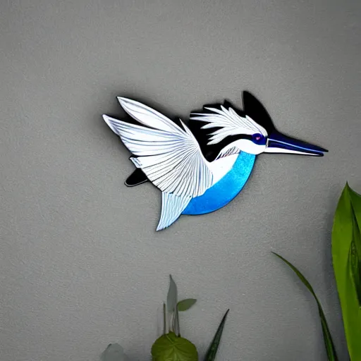 Image similar to wall art of a real life kingfisher made out of reflective crystal and very reflective polished metal, in the background is a forest, product photography