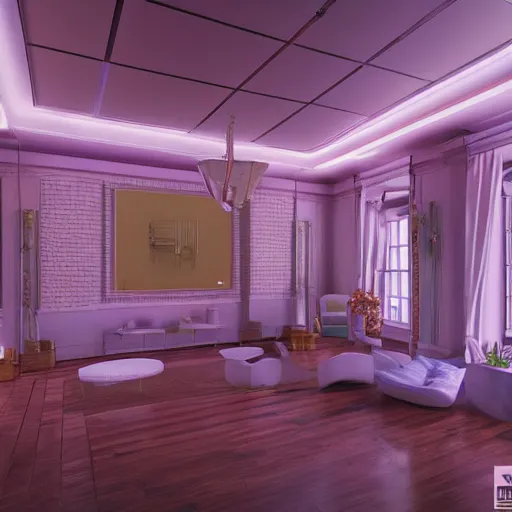 Image similar to interior of a vaporwave mansion high detail 3D rendered render in unreal engine 8K god rays volumetric lighting trending on art station