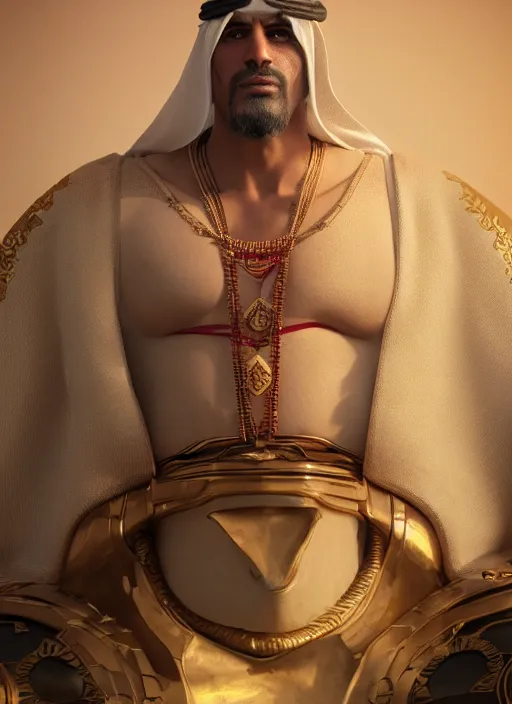 Image similar to portrait of sheikh ruler of dubai, ogre, troll, djinn, head and torso only, cinematic lighting, studio quality, smooth render, unreal engine 5 rendered, octane rendered, art style by klimt and nixeu and ian sprigger and wlop and krenz cushart.