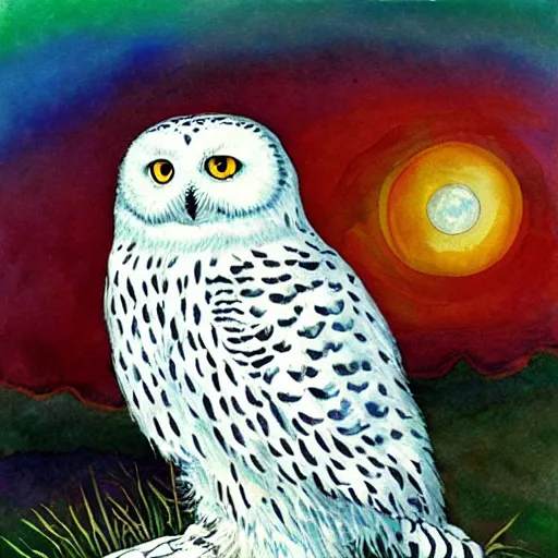 Image similar to snowy owl with cat tail and paws, gryphon, Louis William Wain watercolor, fantasy