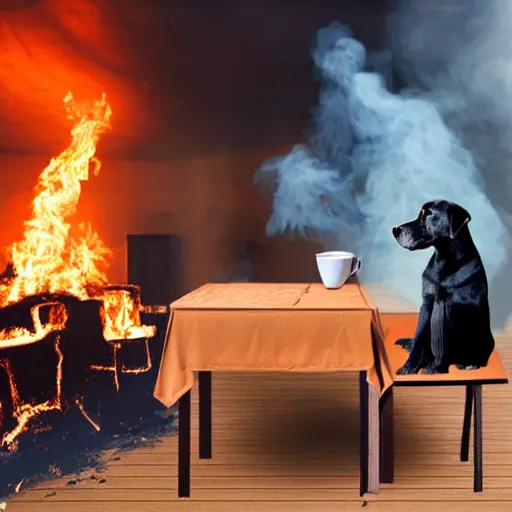 Image similar to a photograph of an humanlike relaxed dog in his house, sitting at a table, ☕ on the table, room is on fire, surrounded by flames, a lot of flames, smoke under the ceiling