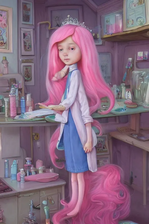 Image similar to highly detailed, natural light portrait of a young adult princess bubblegum from adventure time, experimenting in her castle lab, wearing lab coat & saftey goggles, long bubblegum hair with long straight bangs, beautiful, extremely cute, adorable, illustration concept art by nicoletta ceccoli, mark ryden, lostfish, detailed and intricate environment, 8 k resolution, hyperrealistic, octane render